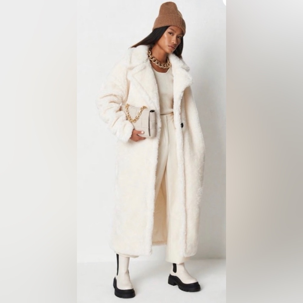 White Borg Teddy Seam Detail Longline Coat